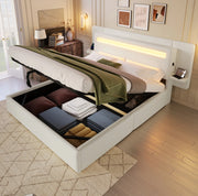 Letto imbottito 140 x 200 cm con contenitore idraulico, comodino integrato e luce LED multicolore beige