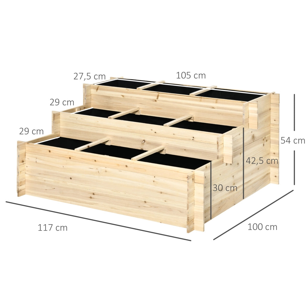 Fioriera rialzata a 3 livelli in legno naturale verniciato per orto e giardino con telo interno 117 x 100 x 54 cm