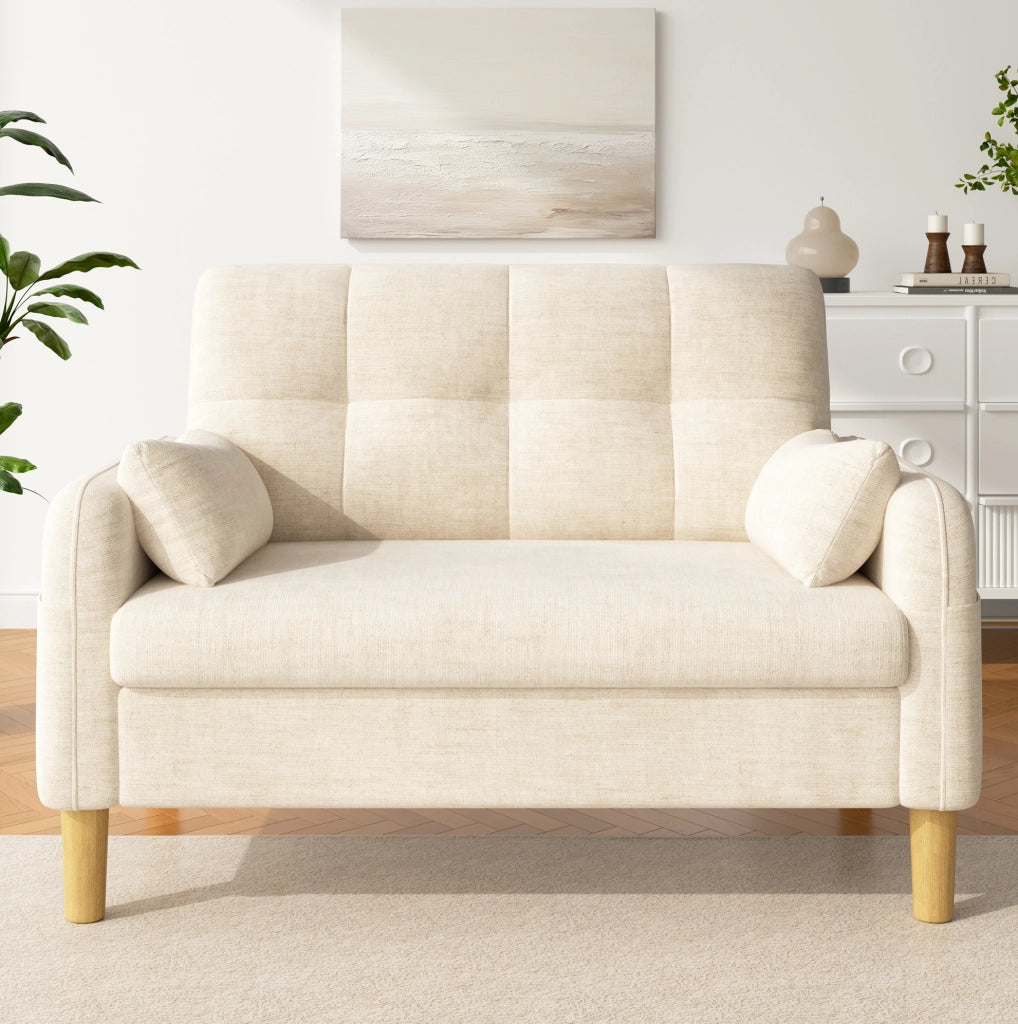 Divano a 2 posti moderno in tessuto chenille beige con cuscini e tasca laterale, 119x78x85 cm