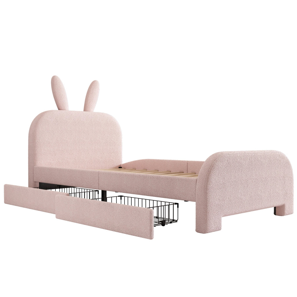 Letto 90x200 cm con testiera a coniglio e 2 cassetti in peluche rosa