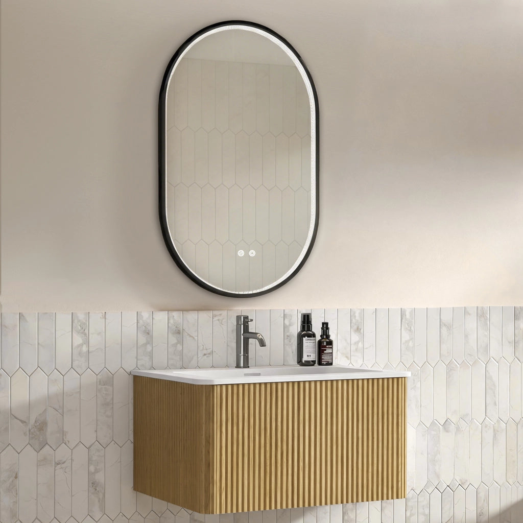 Mobile da bagno con lavabo integrato e specchio LED, per bagno, in MDF, rovere