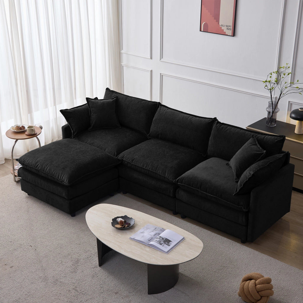 Divano angolare modulare a L 3 posti con pouf; in ciniglia premium; 267 cm; nero