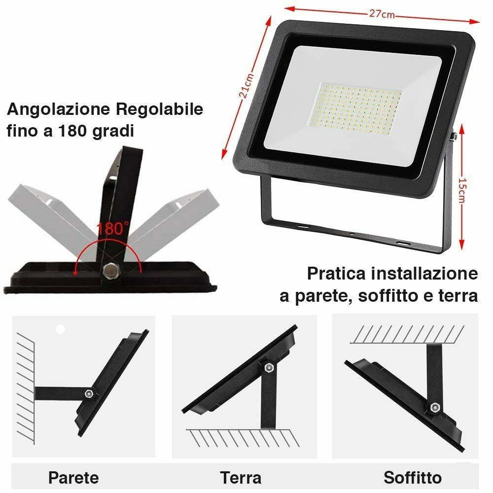 Trade Shop - Faro Led 100w Luce Alta Luminosita 8000lm Faretto Esterno Slim Bianco Freddo -