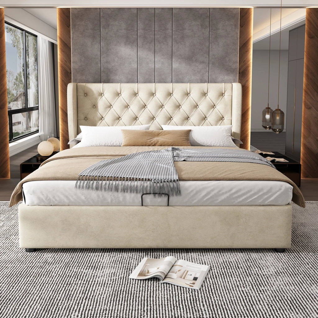 Letto contenitore 140 × 190 cm con sollevamento idraulico testiera imbottita rivestito in velluto beige
