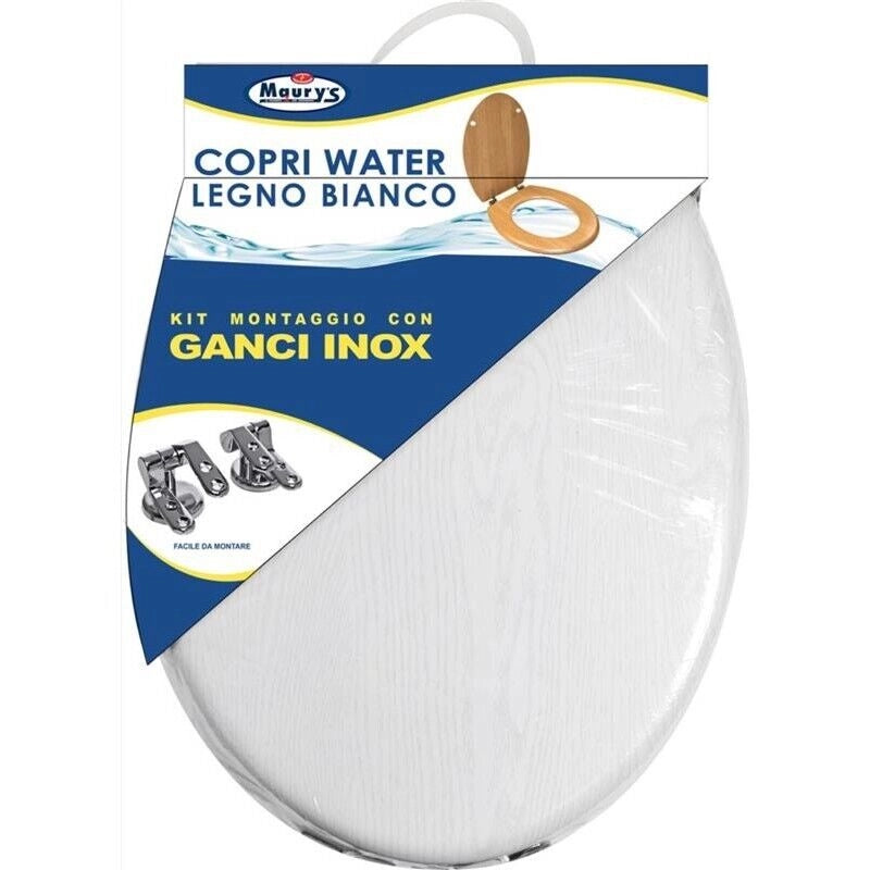 MAURY'S COPRI WATER WC COLORE LEGNO BIANCO KIT DI MONTAGGIO CON GANCI INOX EXTRA RESISTENTE