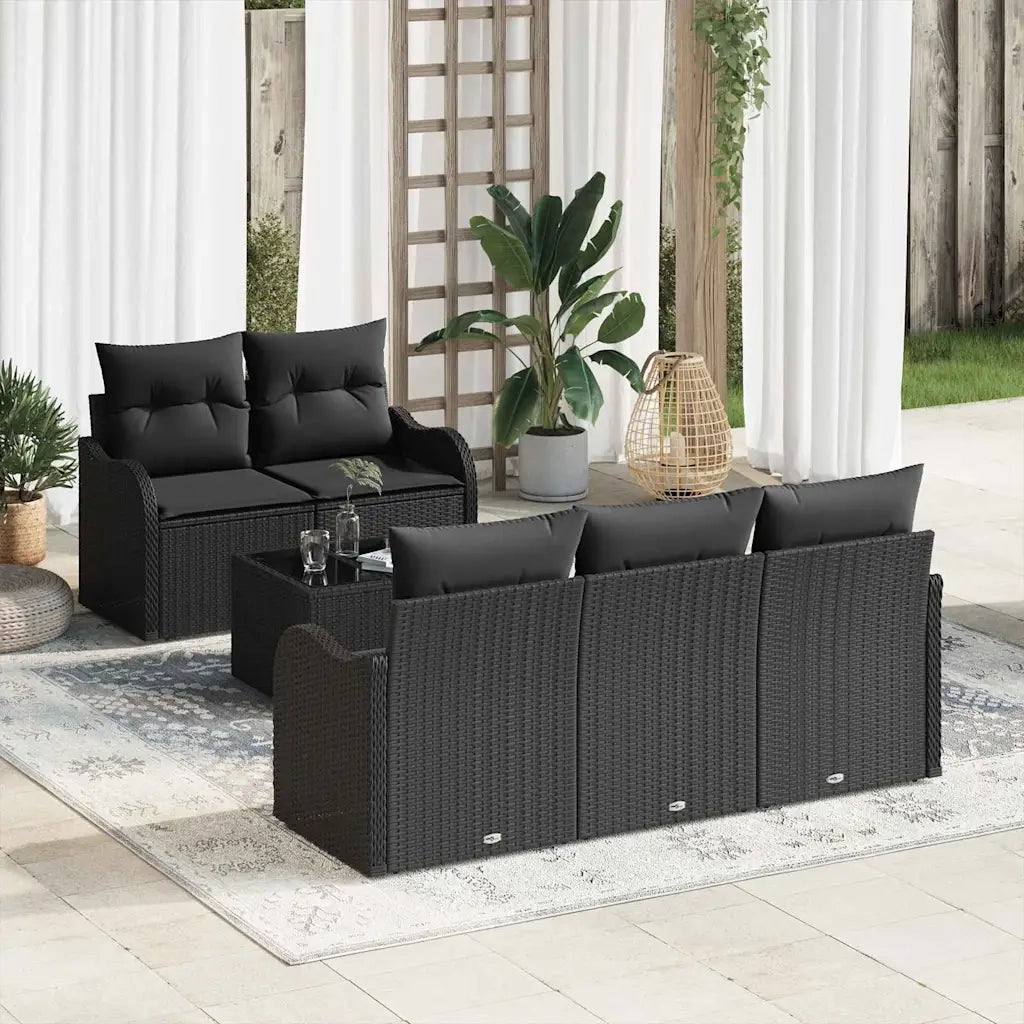 Set Divano da Giardino 6 pcs Nero Polyrattan, Acciaio e Vetro