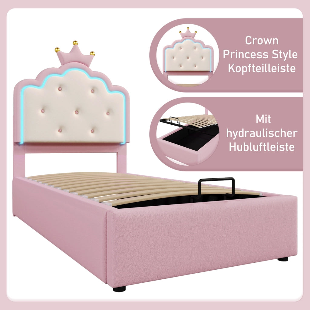 LETTO Contenitore 90x200 cm PU Rosa con luce LED
