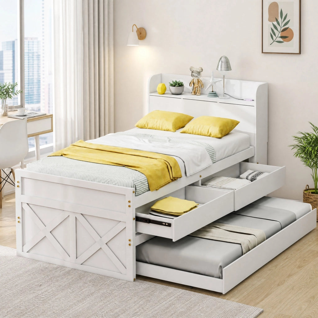 Letto con letto estraibile 90 × 190 cm con 2 cassetti comodino con vano e USB in legno bianco con rete a doghe