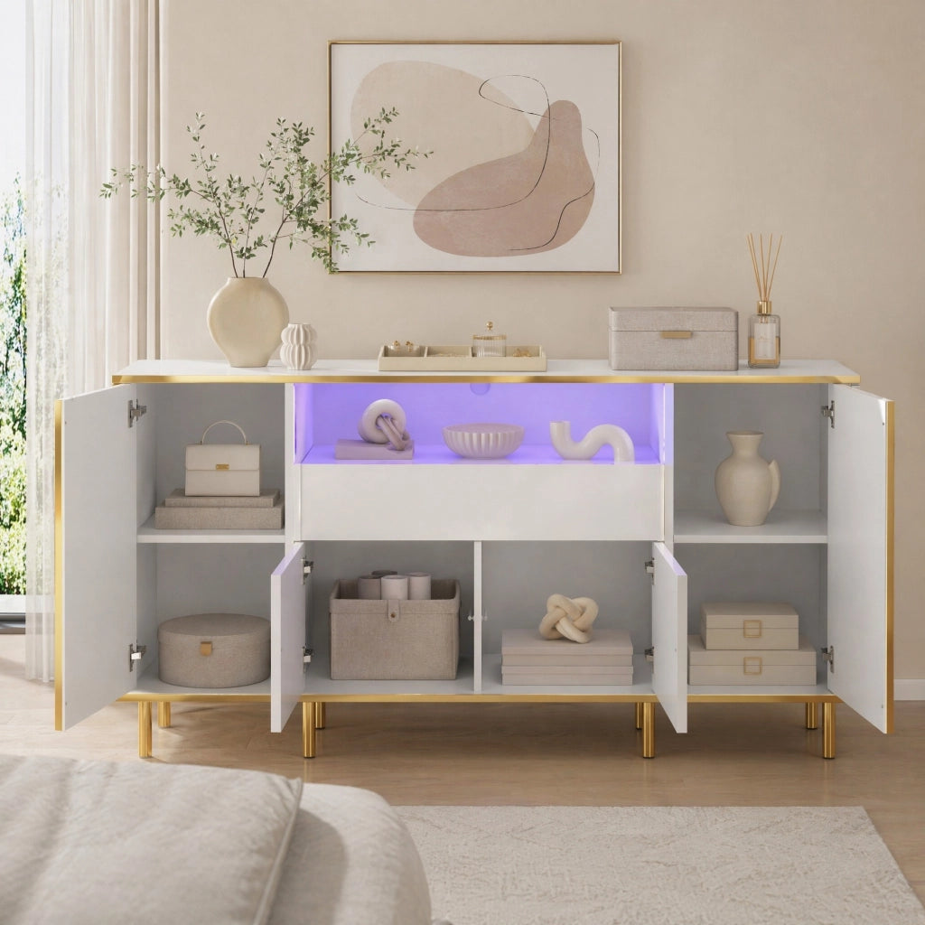 Credenza bianca lucida 150 cm con LED, 4 ante e cassetto