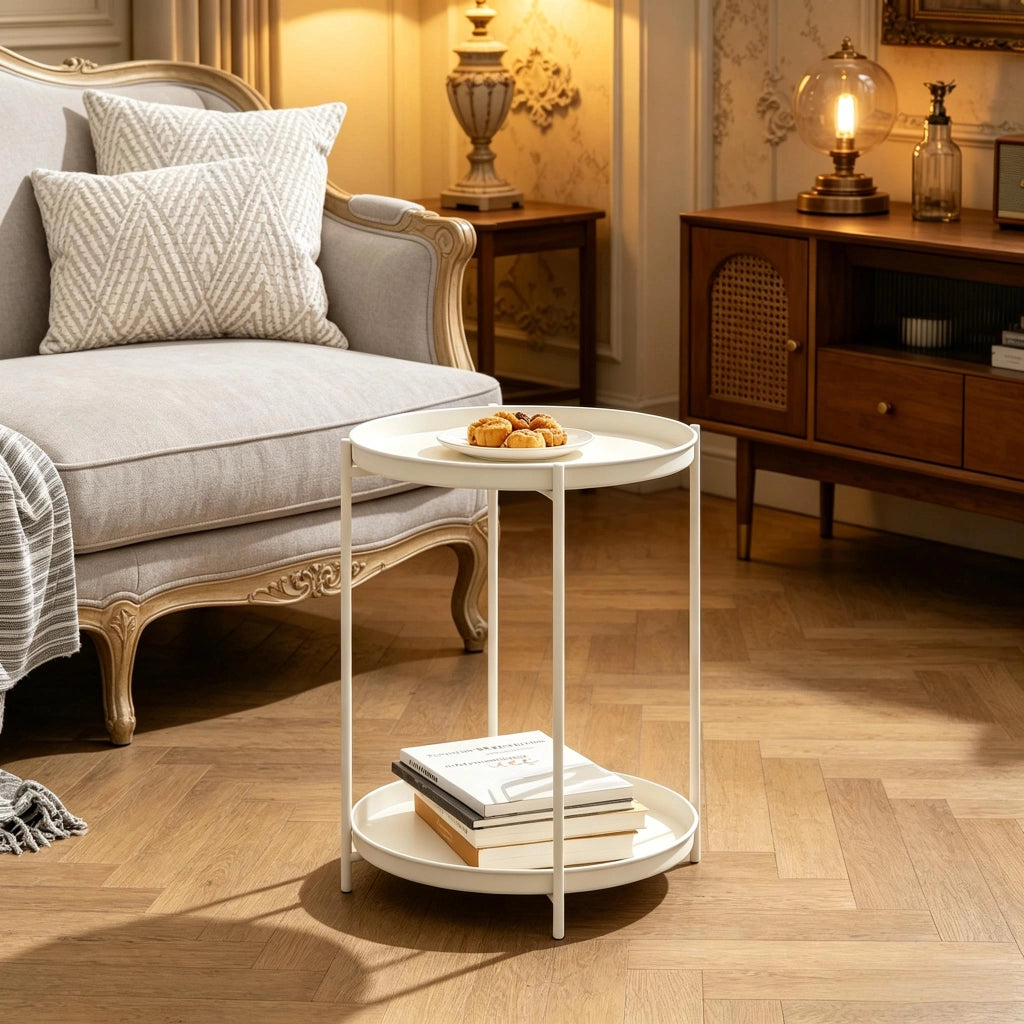 Tavolino laterale rotondo con 2 vassoi rimovibili in metallo bianco crema con piedini regolabili 44 × 44 × 53 cm