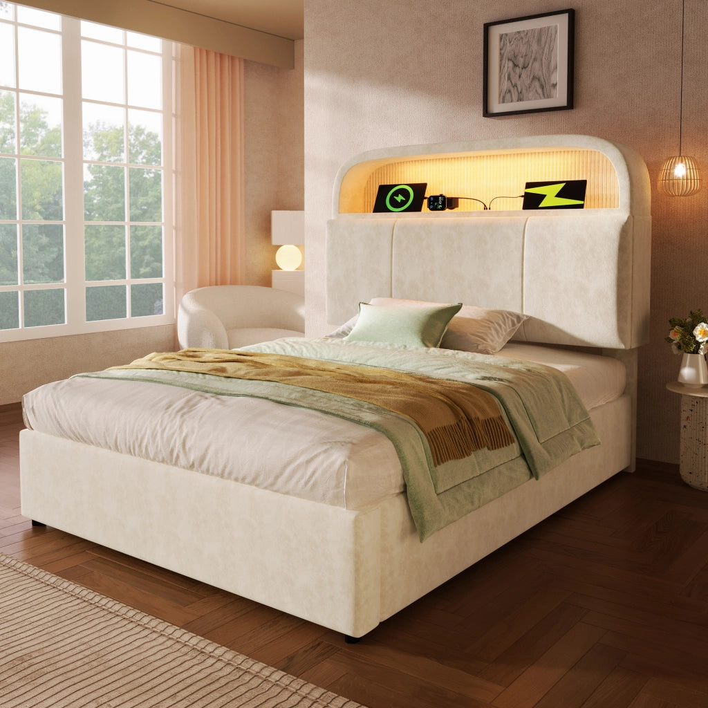Letto singolo con contenitore 90 × 200 cm testiera regolabile LED USB e Type-C in velluto beige con rete