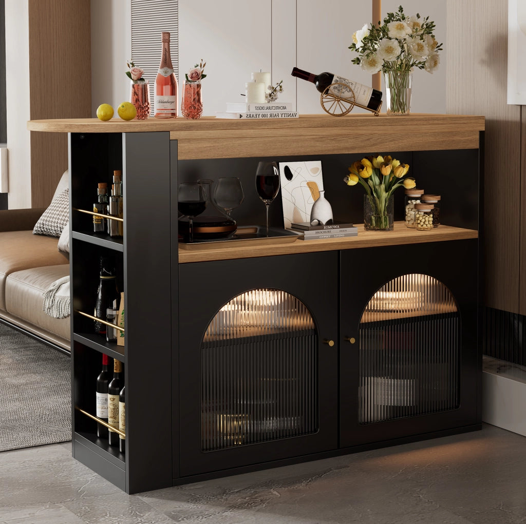 Tavolo bar girevole ed estensibile 138-193x39x105 cm con LED e ripiani; nero