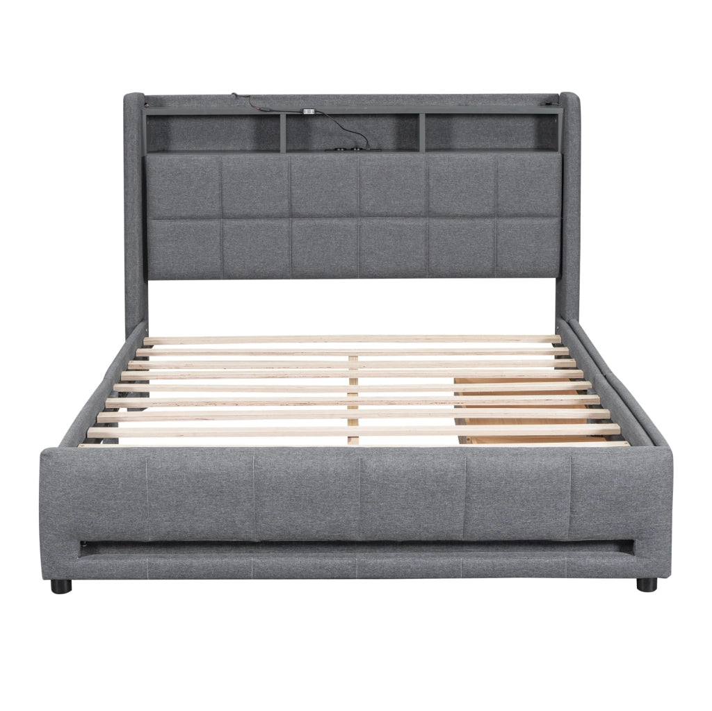 LETTO 140x200 cm con cassetti, LED e USB in lino grigio