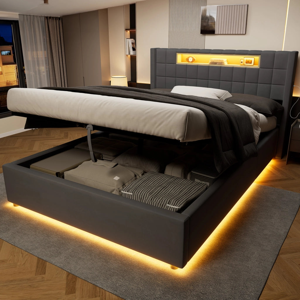 Letto matrimoniale contenitore idraulico 140x200 cm con LED e ricarica USB/Type-C, velluto grigio scuro, senza materasso