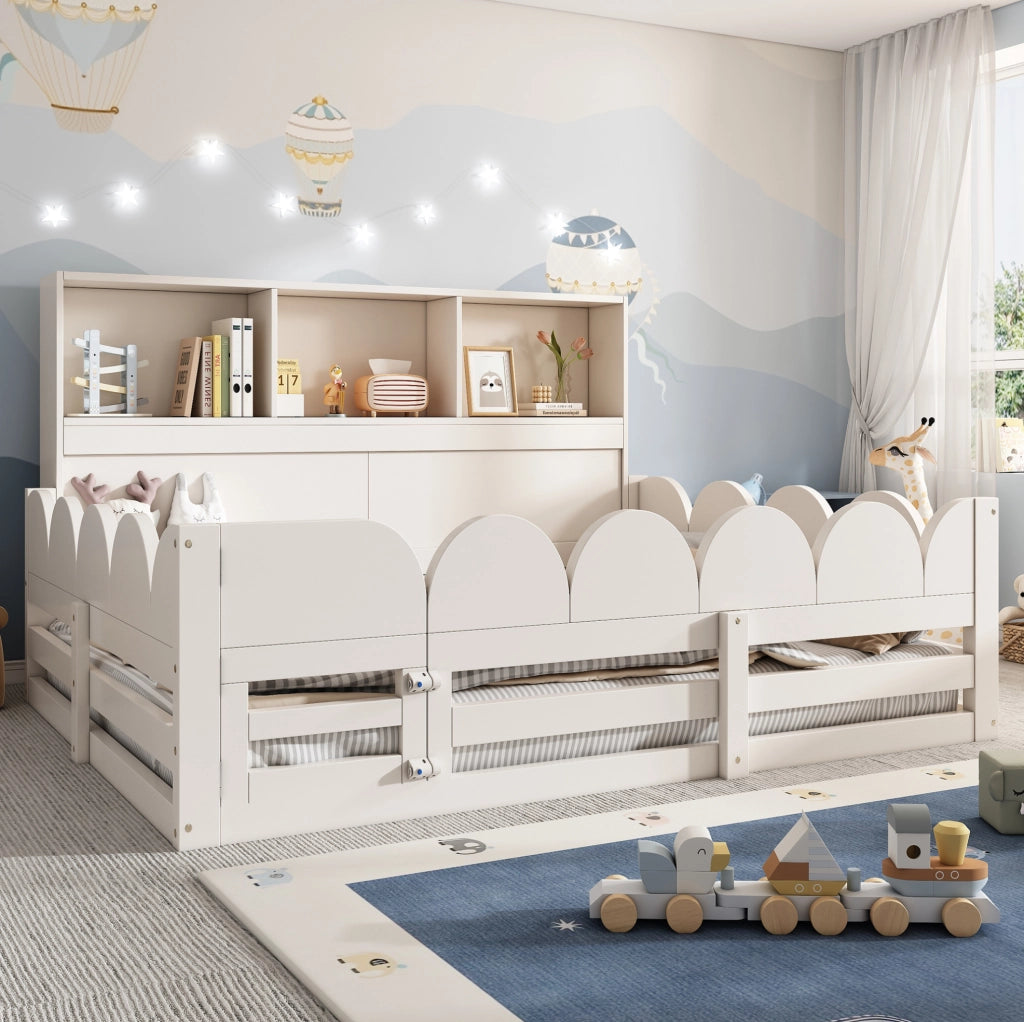 Letto a terra per bambini 140x190 cm bianco in legno con protezione antifuga, porta e scaffale integrato