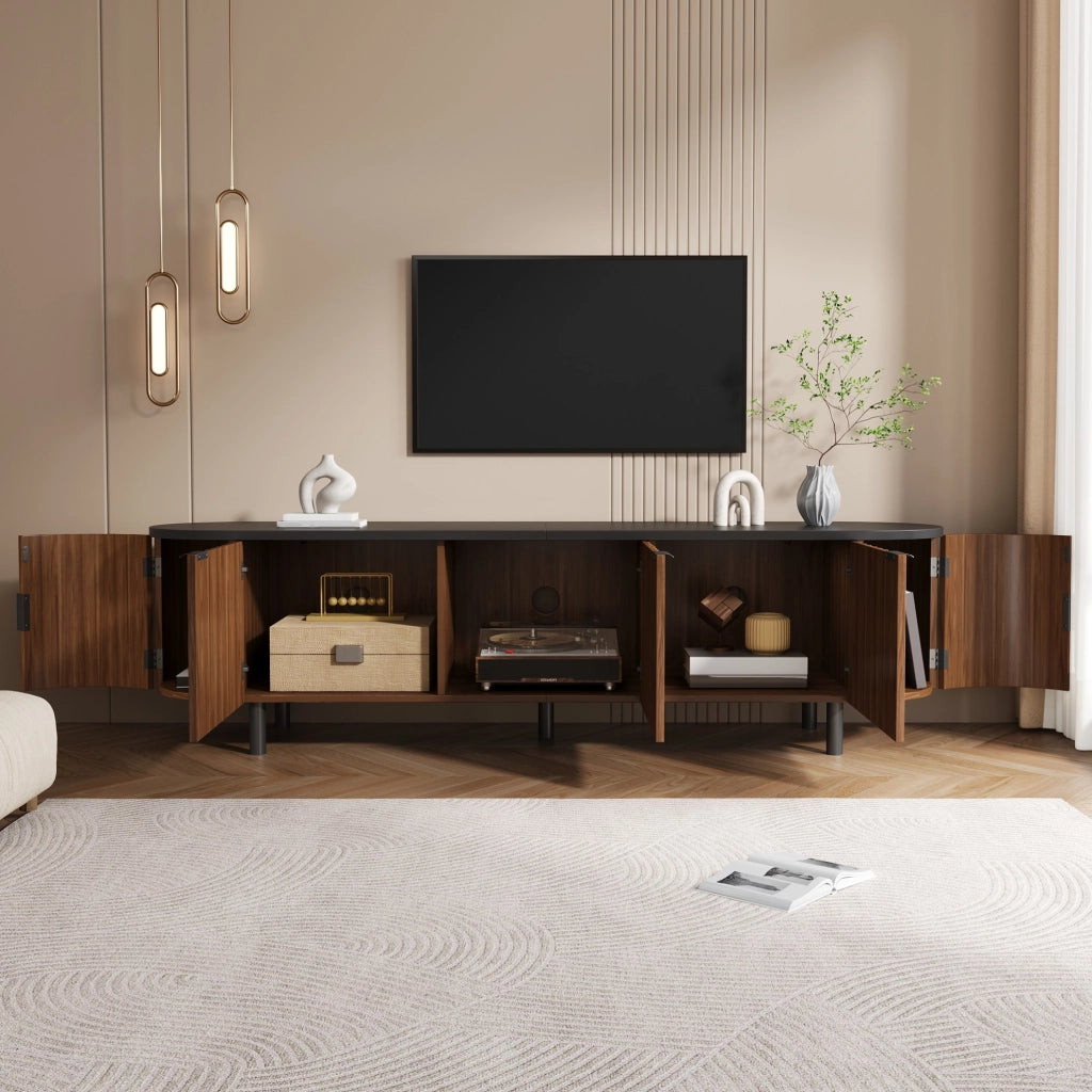 Mobile TV in MDF con 5 ante, frontale rigato e piedi e maniglie in ferro, colore noce