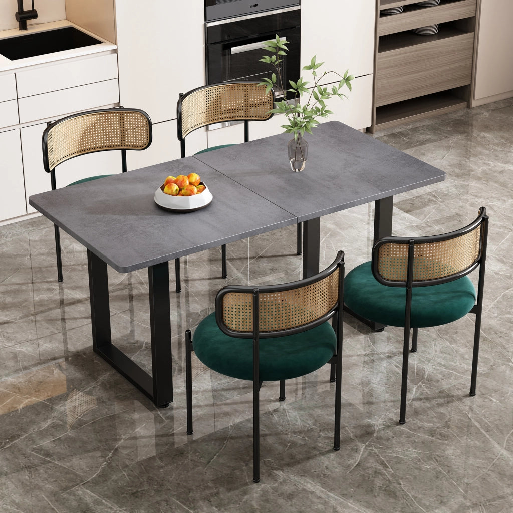 SET TAVOLO E SEDIE da pranzo 5 pezzi velluto e rattan nero e grigio