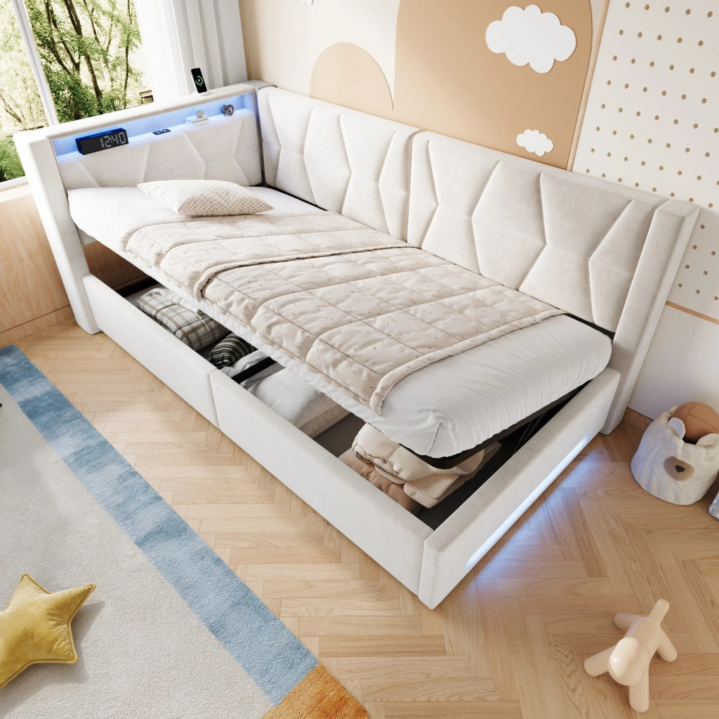 Letto imbottito beige 90 x 200 cm con contenitore, LED, USB e Type-C