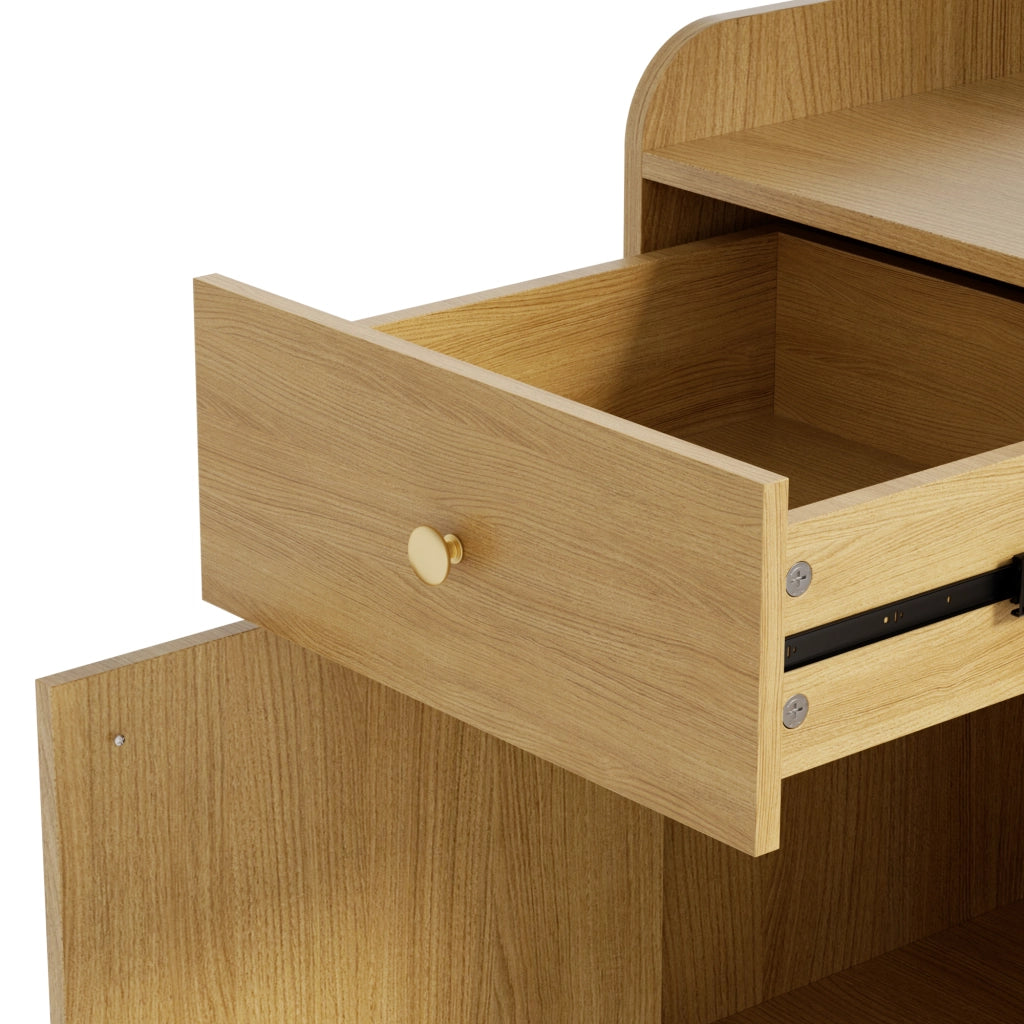 Mobile da ingresso con specchio, 2 cassetti, armadio e ripiani aperti, ganci removibili, color legno, 105 × 38 × 180 cm