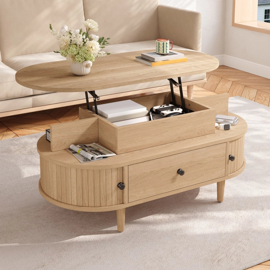 Tavolino da salotto ovale con piano sollevabile 105x50 cm; cassetto e ante scorrevoli naturale HOMVRA