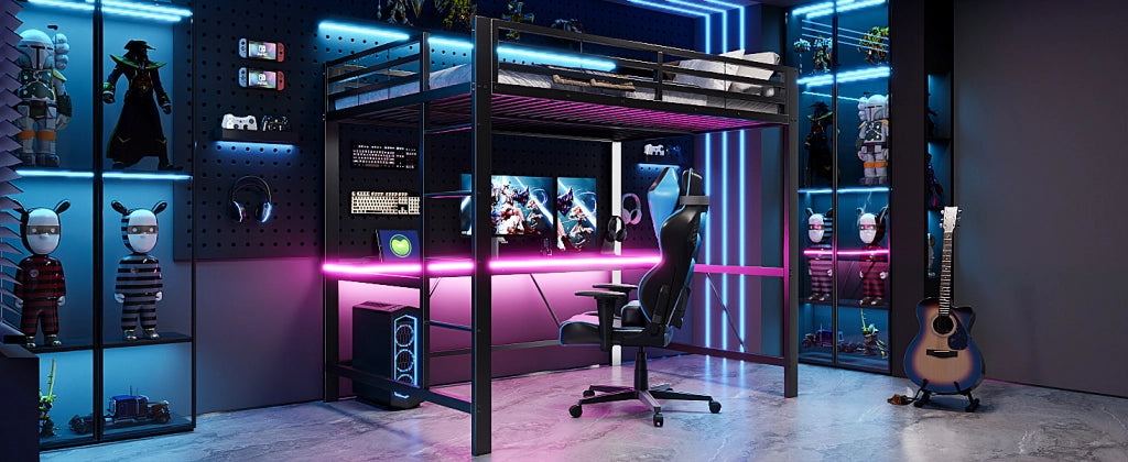 Letto a soppalco gaming in metallo con LED, USB e scrivania, 140x200 cm, nero
