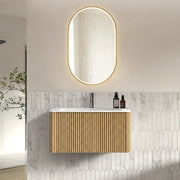 Mobile da bagno con lavabo integrato e specchio LED - per bagno - in MDF - rovere
