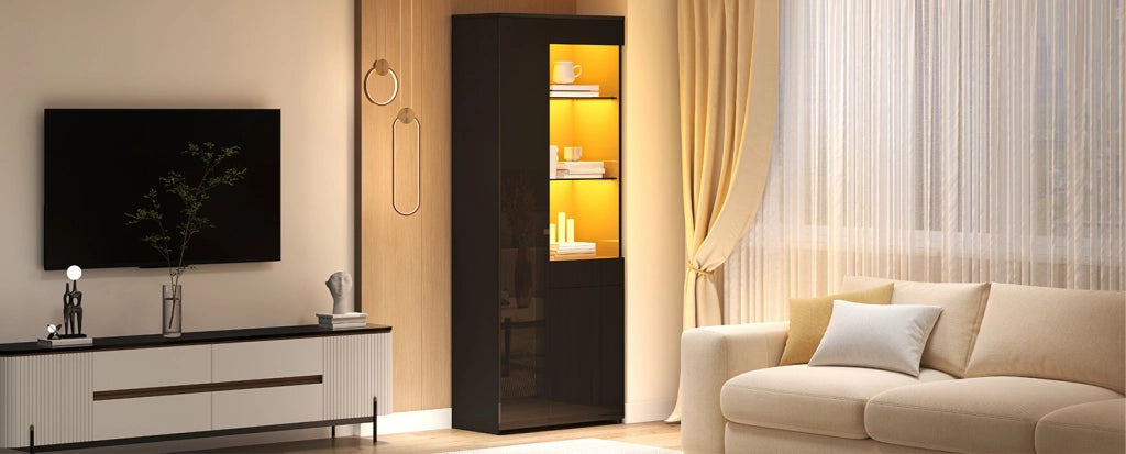 Vetrina nera in pannelli truciolari 70x35x180 cm con LED, due ante, cassetto e ripiani in vetro temperato