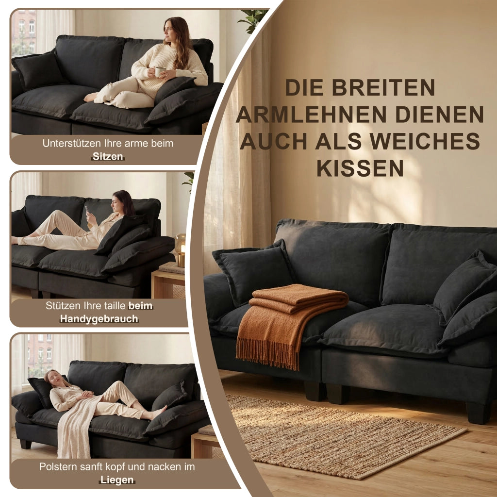 Divano a 2 posti in ciniglia nero con braccioli rimovibili e struttura in legno 194 × 82 × 90 cm