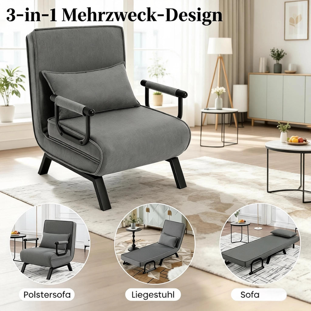 Poltrona letto convertibile pieghevole 3 in 1 con schienale regolabile e cuscino, in lino, metallo e schiuma grigio