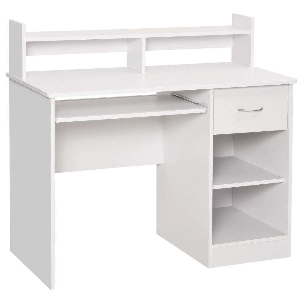 EasyComfort Scrivania per Computer Compatta, Scrivania PC Fisso in Legno Bianco con Ripiano Tastiera Estraibile e Mensole 104x48x95.5cm