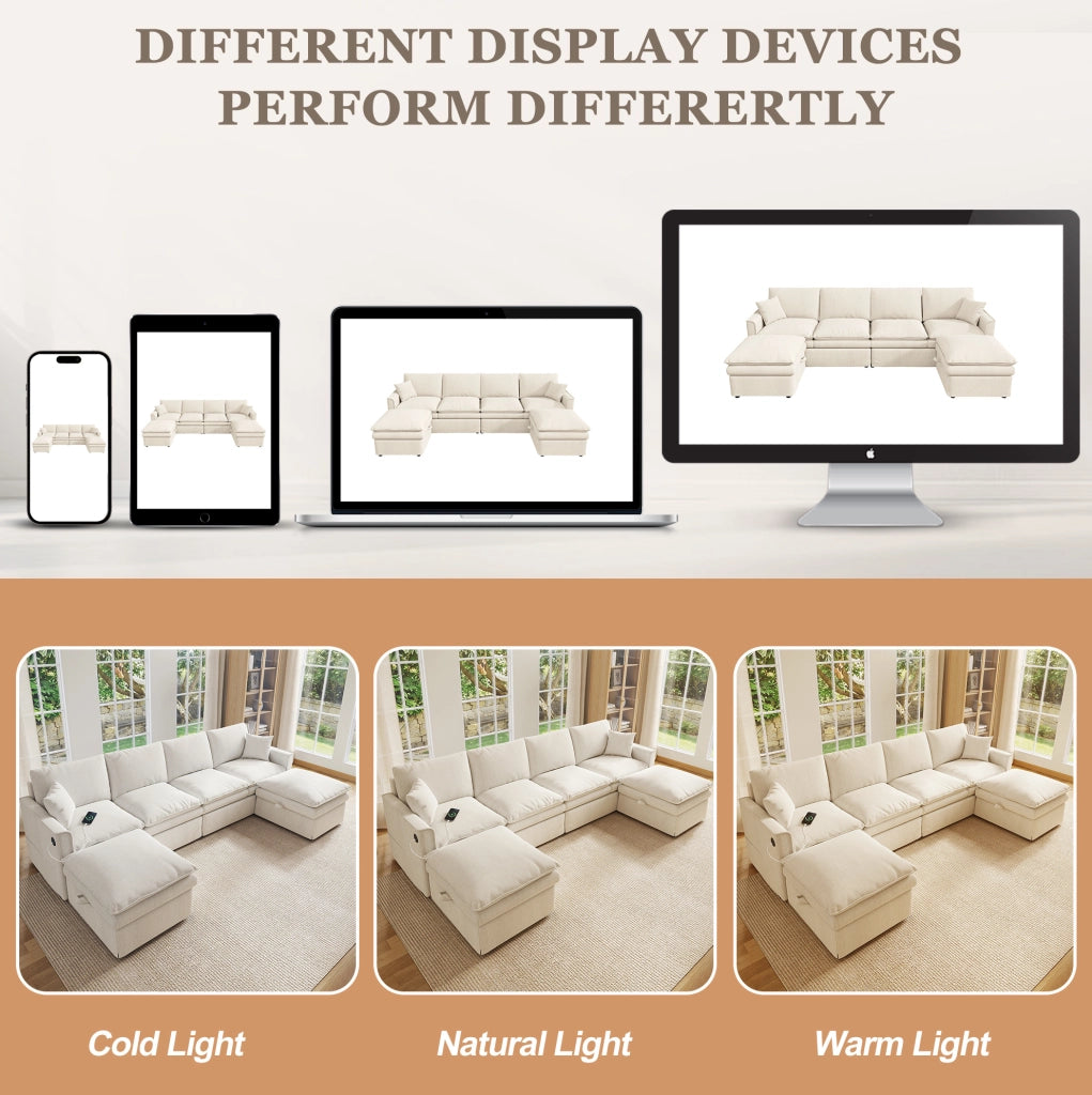 Divano modulare angolare ULEVR 6 posti 277x135x80 cm a U/L con 2 pouf contenitore, USB e Type-C, beige