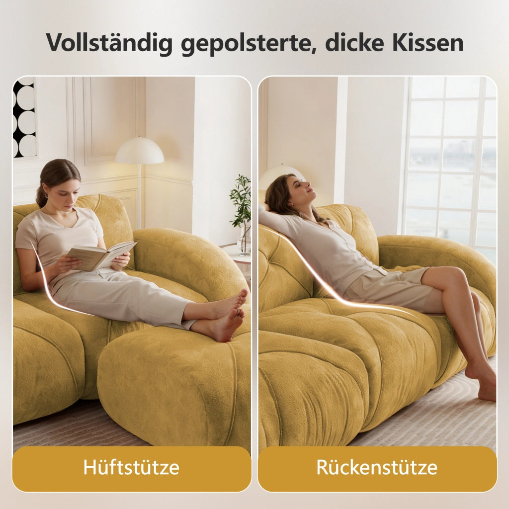 Divano modulare 2 posti con 2 pouf; senza struttura; per soggiorno; in chenille gialla