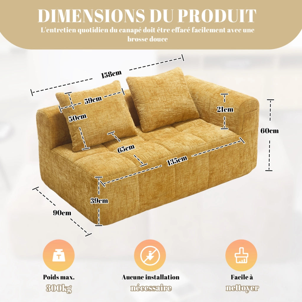 Divano 2 posti con chaise longue, tessuto chenille giallo, con cuscino e tasche laterali
