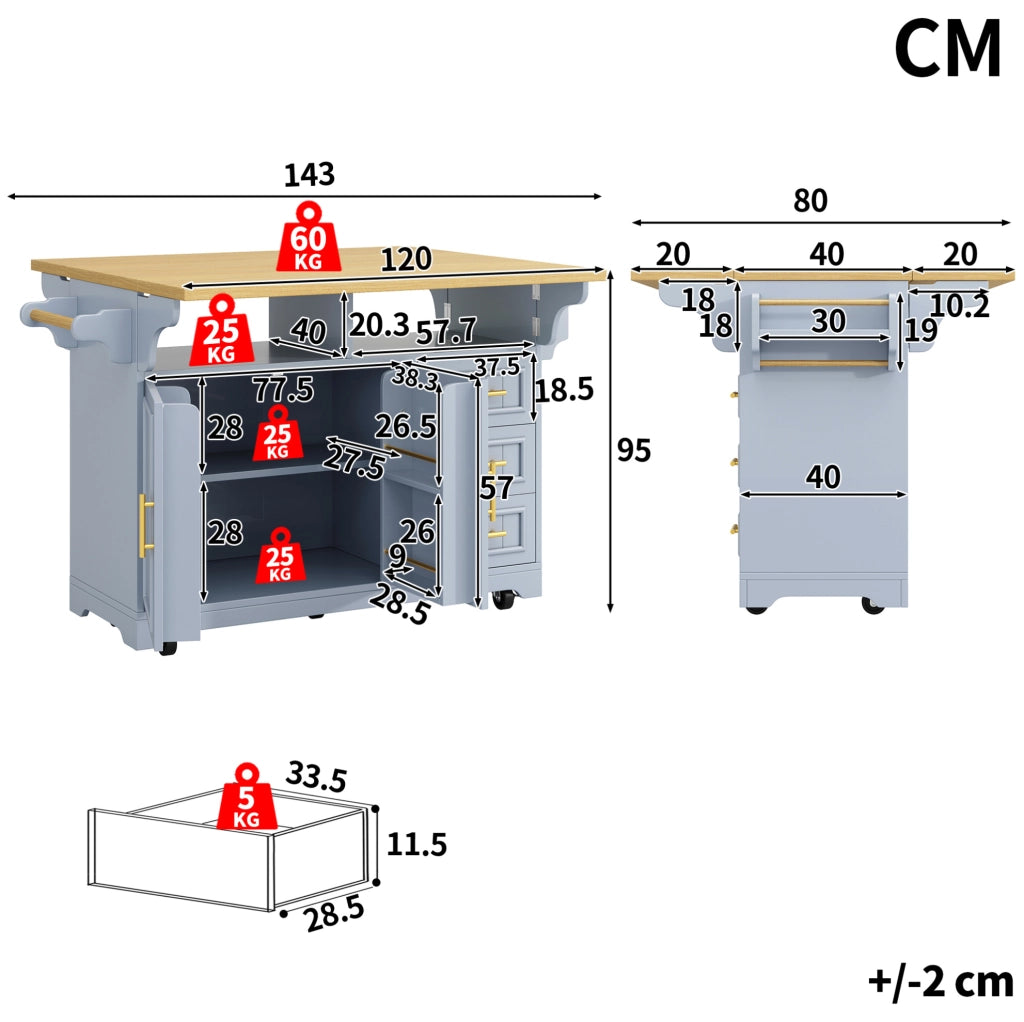 Isola cucina ULEVR 120x40(80)x95 cm su ruote, 3 cassetti e piani ribaltabili, blu effetto rovere