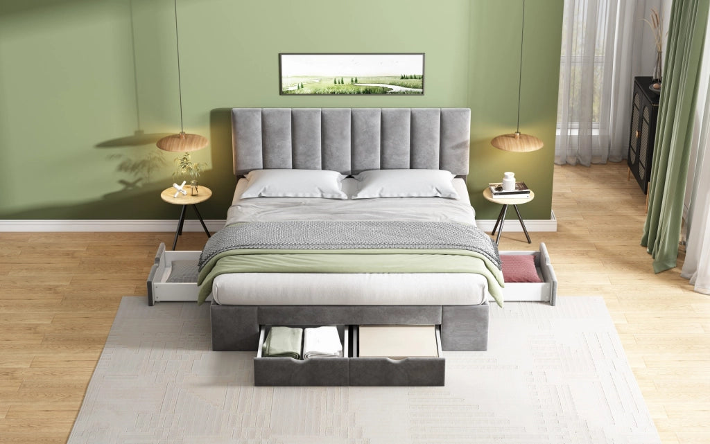 Letto imbottito in velluto grigio 160x200 cm con rete a doghe e 4 cassetti YEAVIO