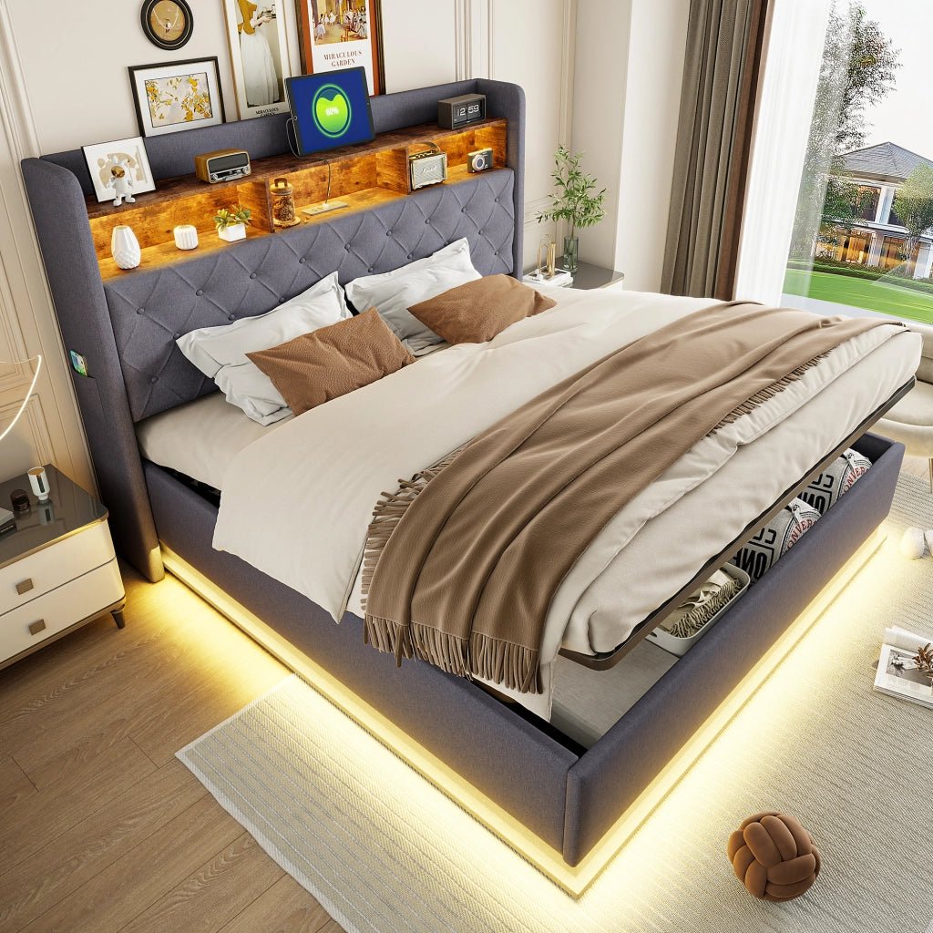 Letto imbottito LED 180 x 200 cm, letto contenitore imbottito con ricarica USB e contenitore idraulico, lino delicato sulla pelle - Grigio