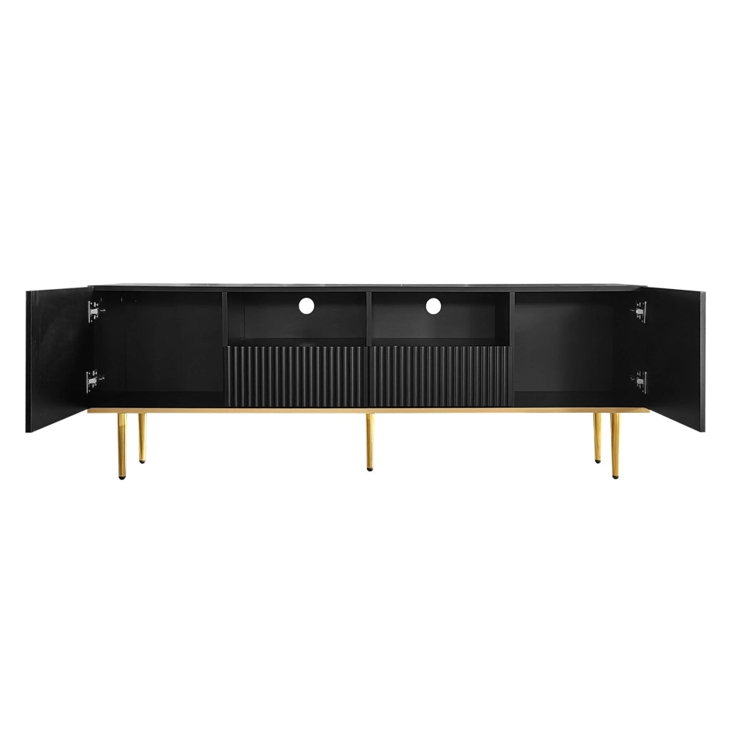 Mobile TV con 2 vani e 2 cassetti apertura senza maniglie in pannello truciolare nero e oro 165 × 36 × 55 cm