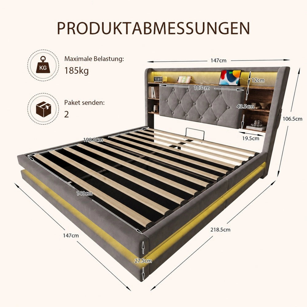 Letto imbottito contenitore ¨C Minimal ¨C grigio scuro velluto 140x200cm con testiera LED idraulico rete a doghe