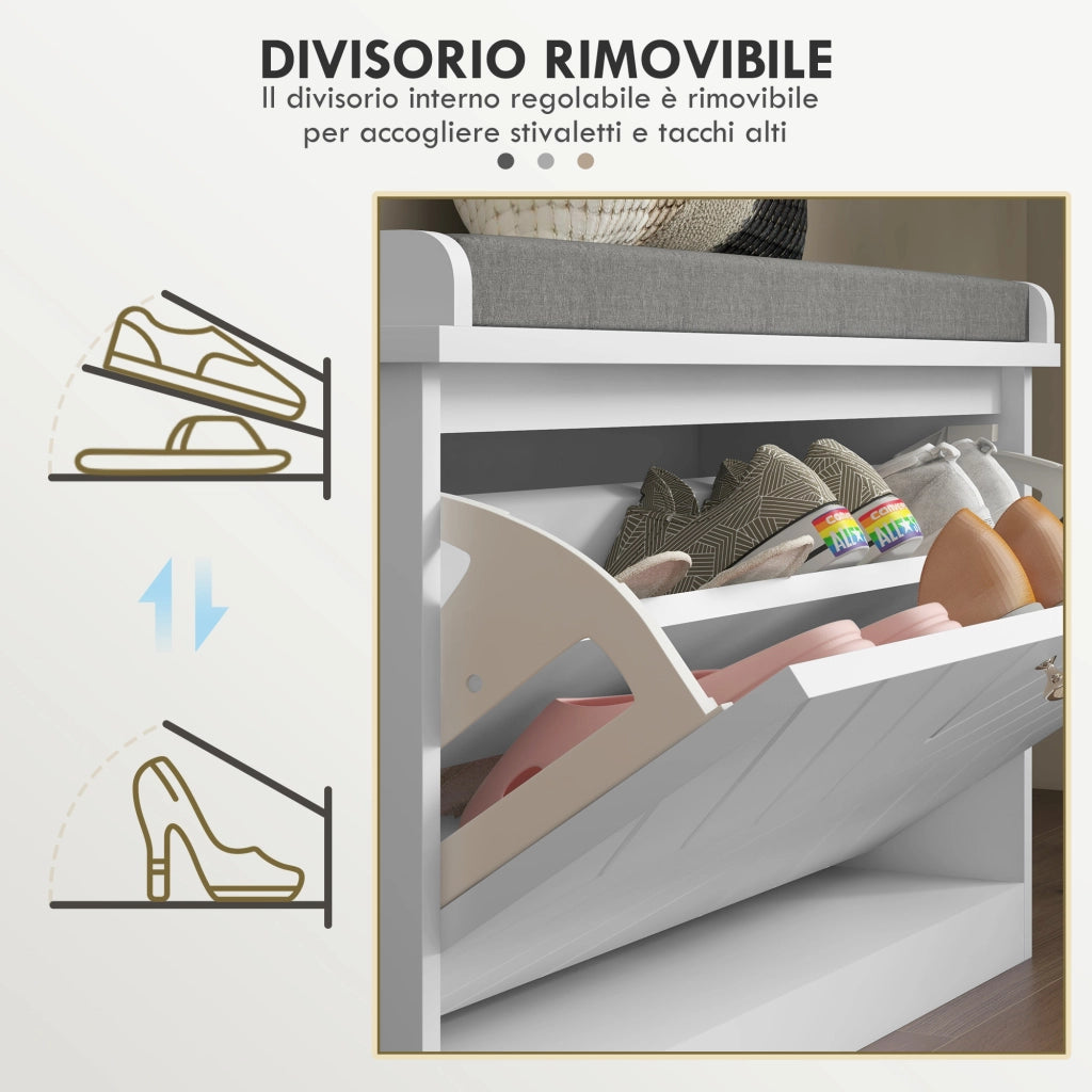 Panca Scarpiera Salvaspazio con Cuscino e Cassetto Ribaltabile per 8 Paia di Scarpe, 80x26x44.5 cm, Bianco