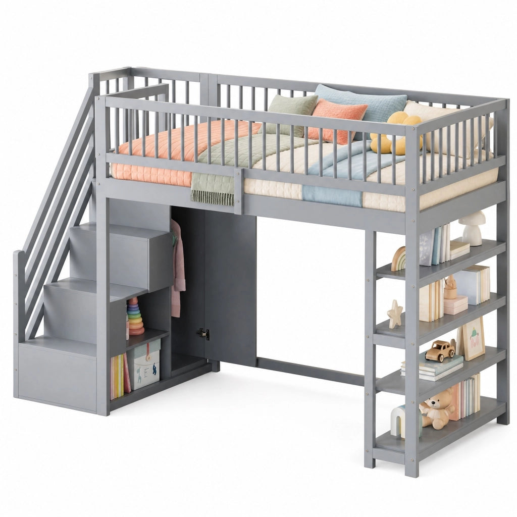 Letto a soppalco 90x200 cm con armadio, ripiani e vani in pino, compensato e MDF grigio