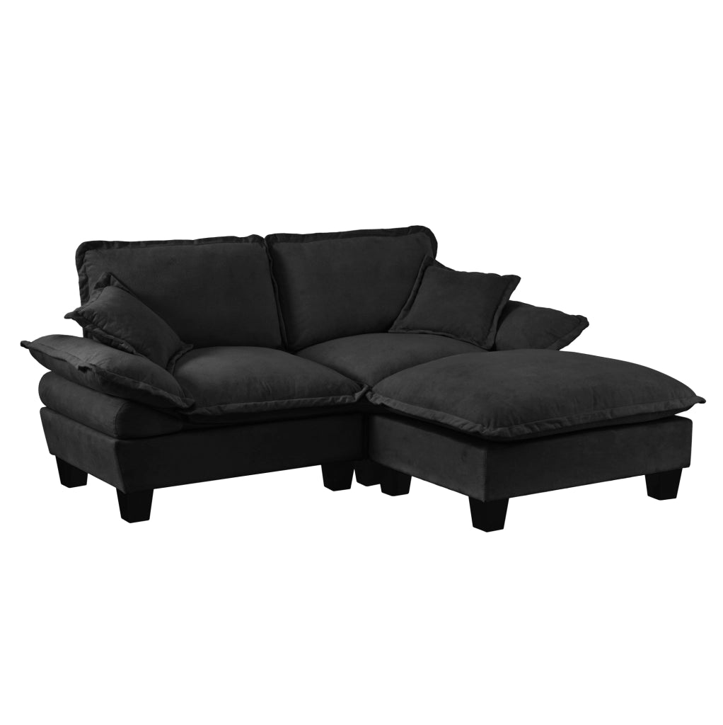 Divano modulare angolare Cloud in Chenille nero con ottomano mobile e 2 cuscini