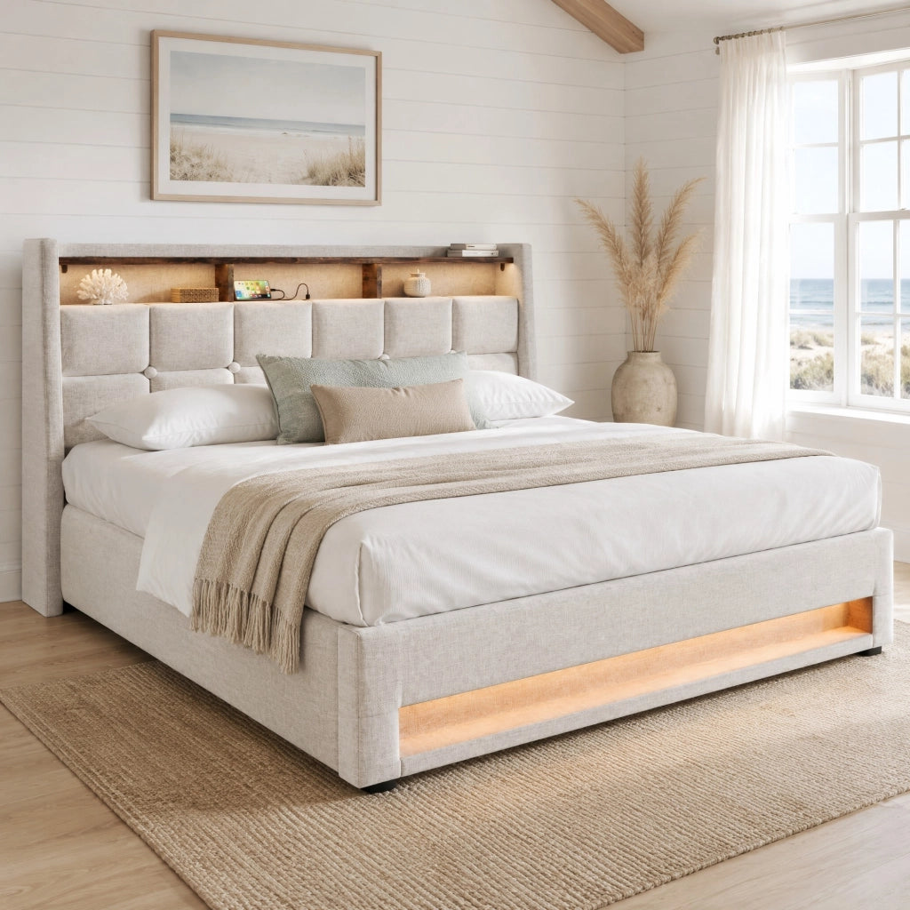 Letto imbottito 180x200 cm con LED, USB e vano contenitore