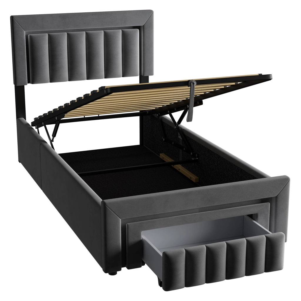 Letto imbottito grigio 90x190 cm con contenitore idraulico, LED e cassetto