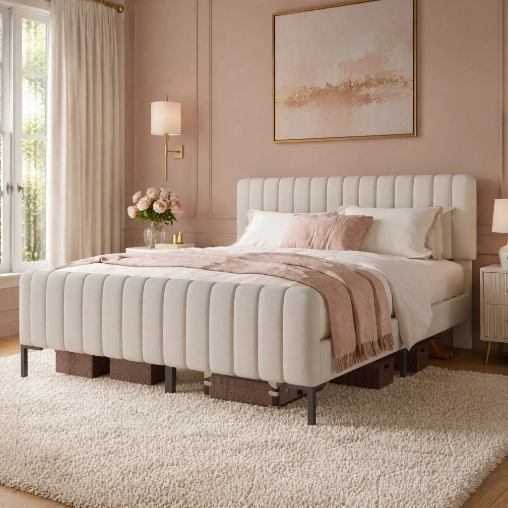 Letto imbottito 160x200 cm grigio-beige con rete e testiera regolabile