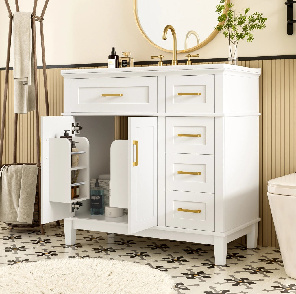Mobile bagno bianco laccato 90x46x87 cm con lavabo in ceramica, doppia anta, 5 cassetti con ammortizzatori silenziosi e piedini in legno massello