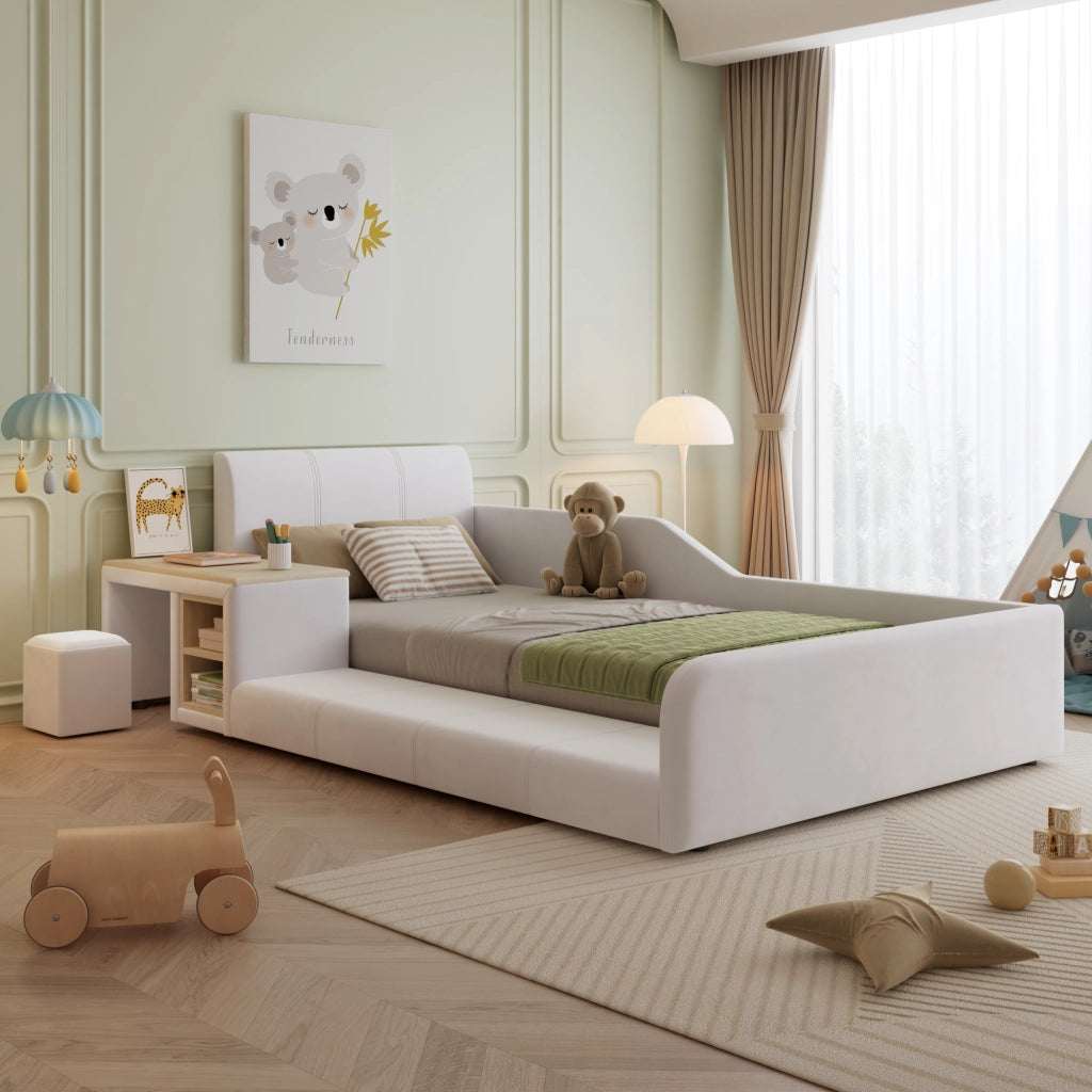 Letto singolo con scrivania e sgabello in velluto bianco 90x200 cm