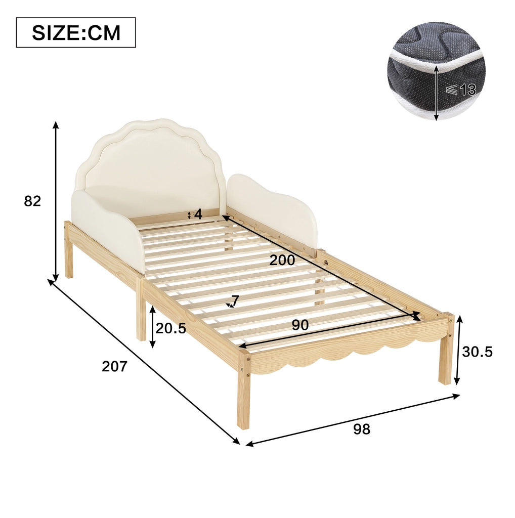 Letto singolo imbottito per bambini 90x200 cm con sponde laterali e testiera in PU beige HOMVRA