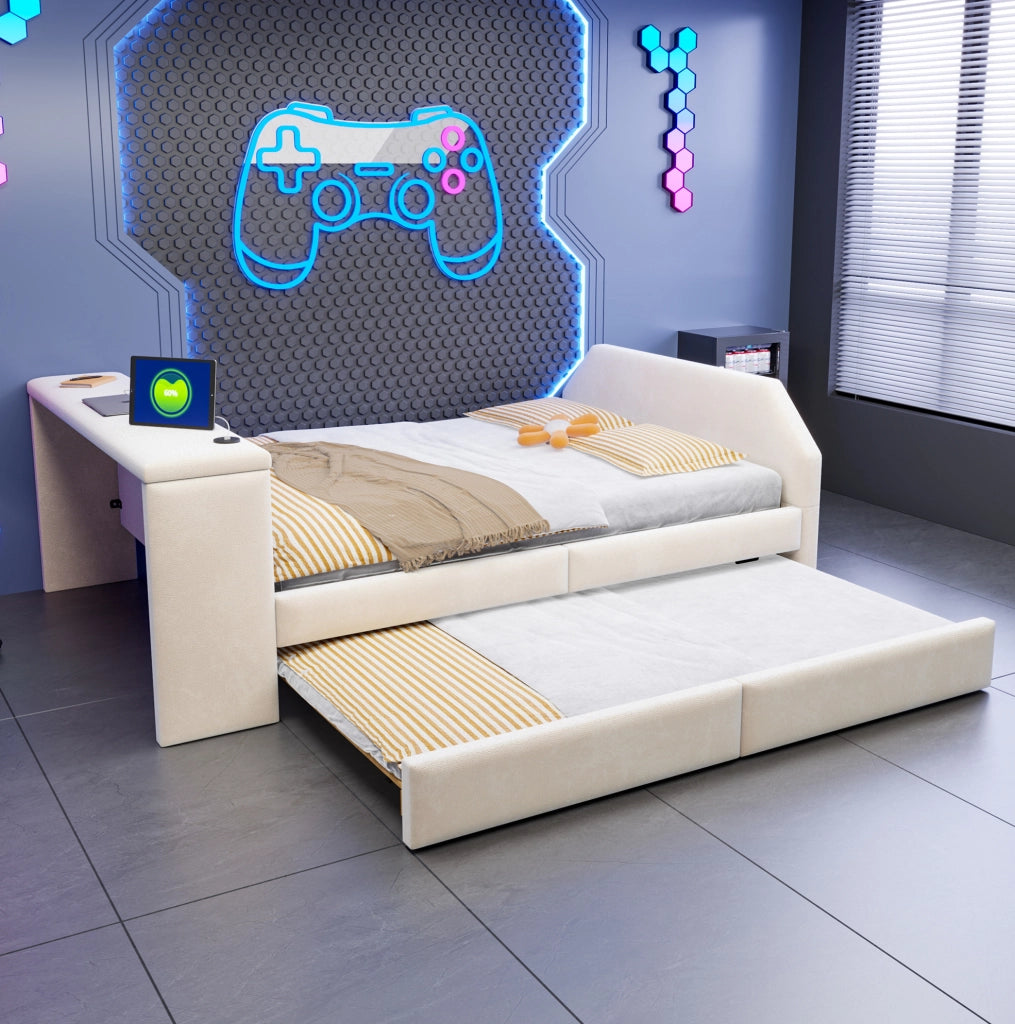 Letto imbottito 140x200 cm con scrivania, USB e letto estraibile in velluto beige