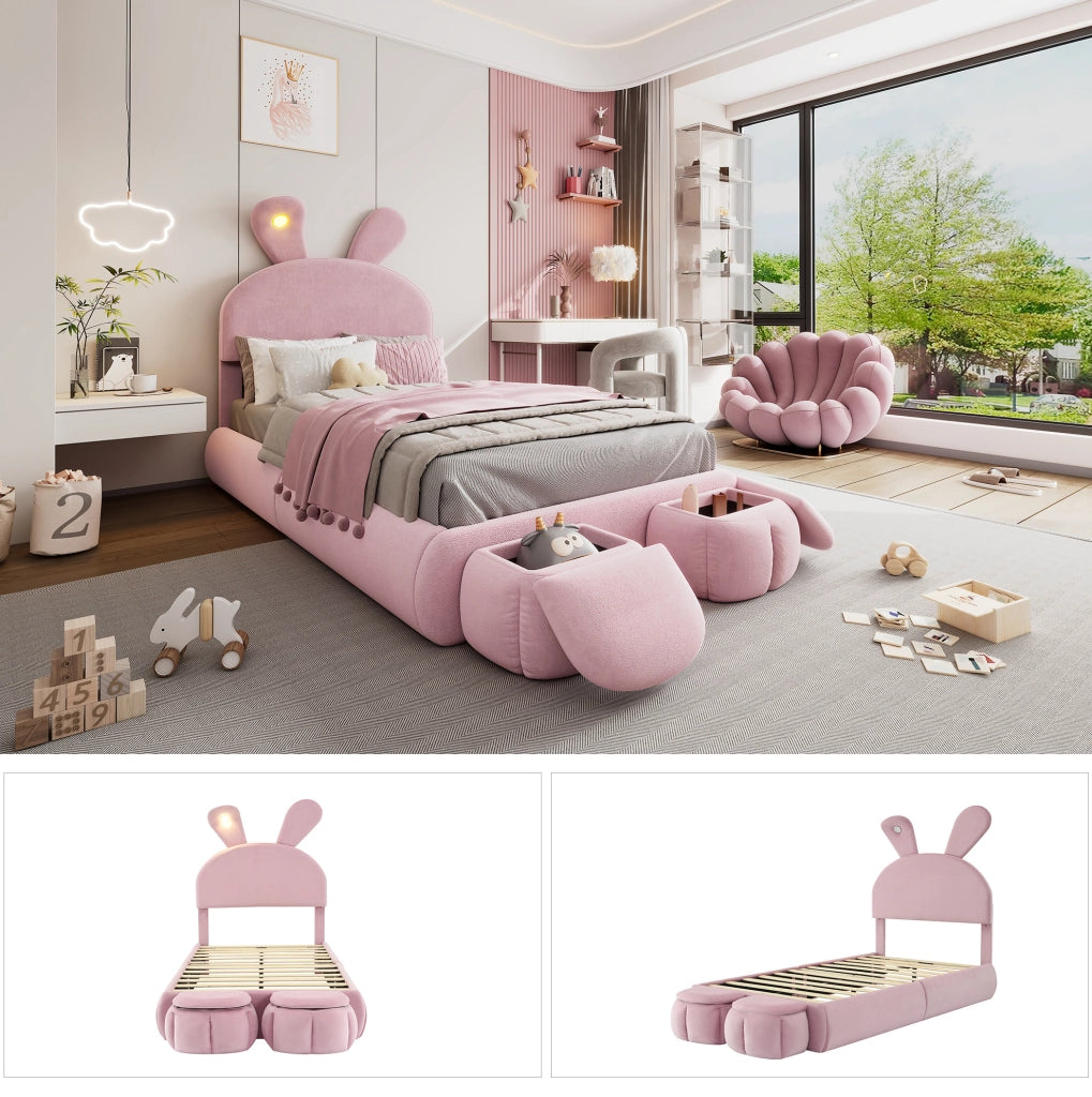 Letto imbottito singolo rosa con orecchie di coniglio e luci LED