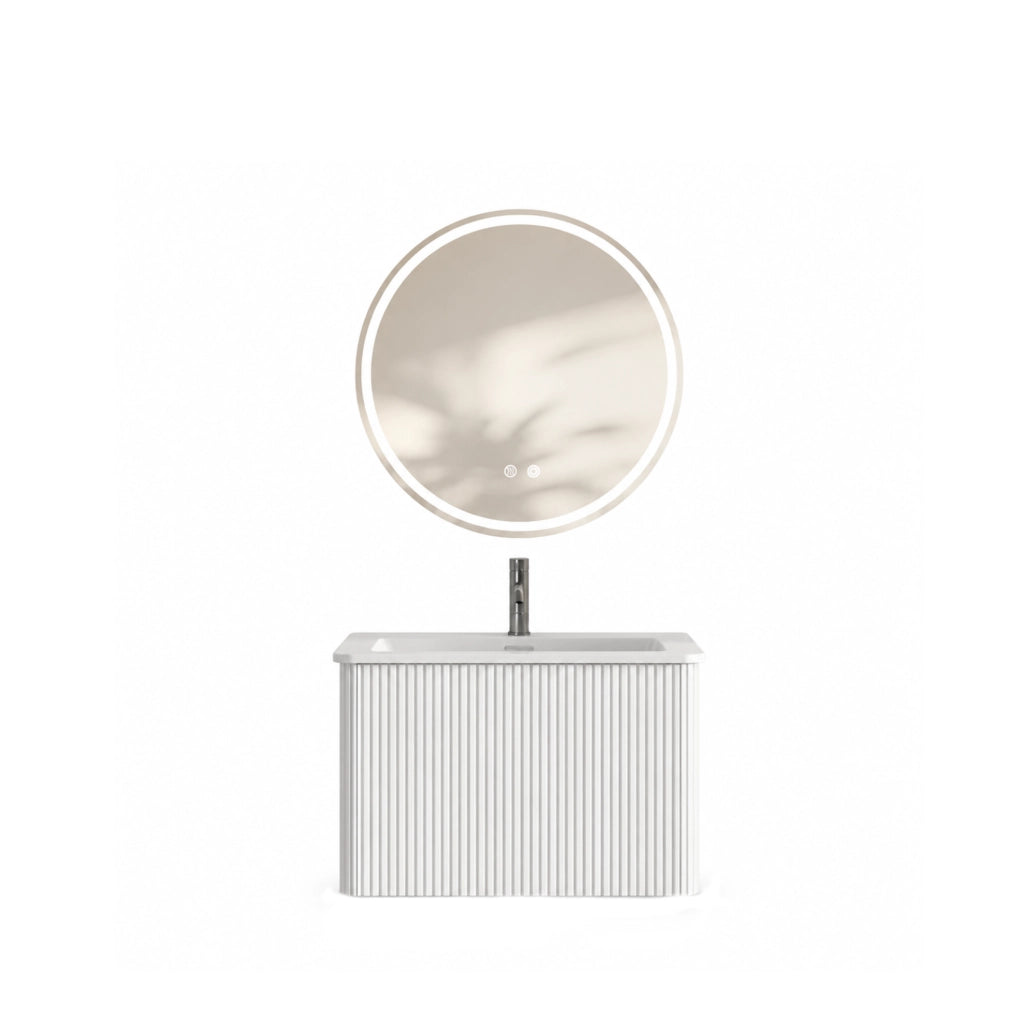 MOBILE BAGNO sospeso bianco con lavabo integrato e specchio LED, set 2 pezzi